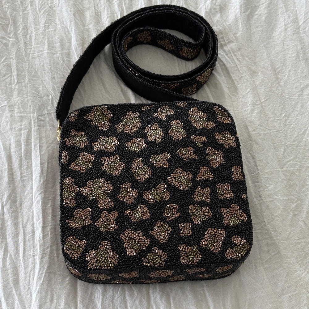 Moyna Hand Embellished Black and Gold Beaded Crossbody Bag